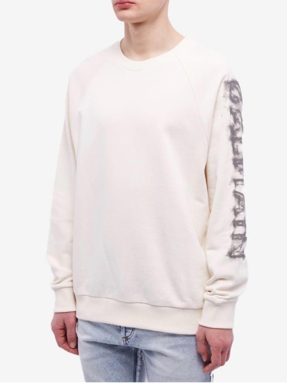 Balmain Cream Crewneck Sweater with Charcoal Sleeve Graphic